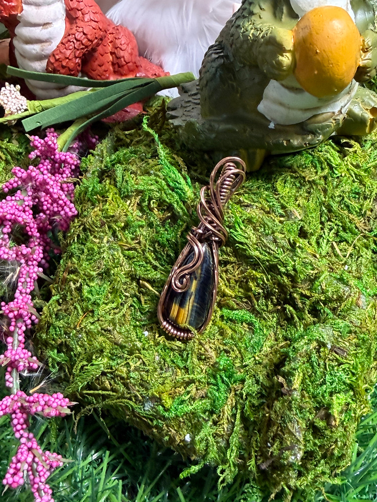 Tiger Eye crystal wrapped in Oxidized Copper