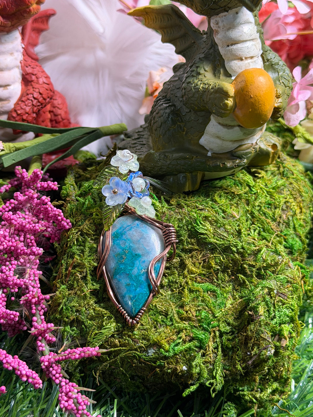 Chrysocolla in Quartz wrapped in Oxidized Copper