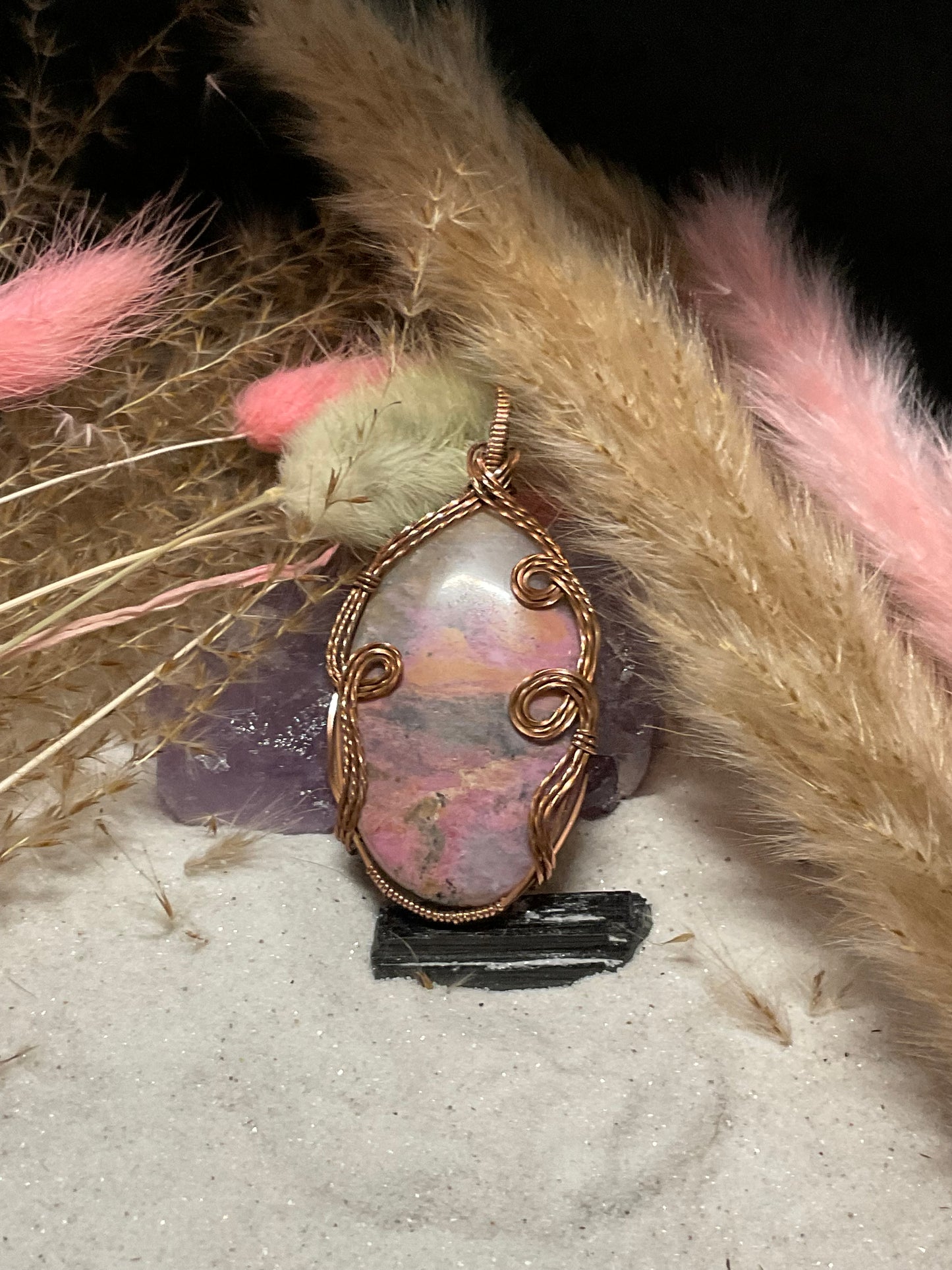Rhodonite Necklace wrapped in Oxidized Copper