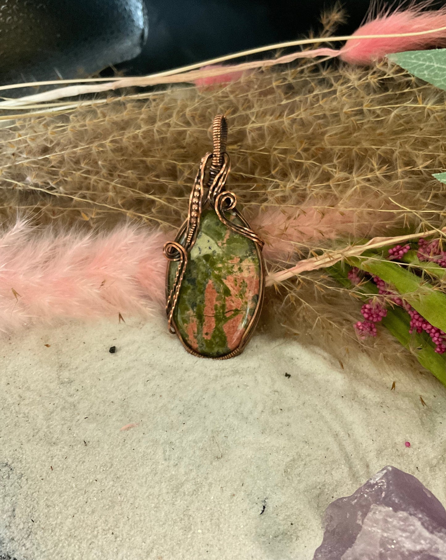 Unakite Necklace wrapped in Oxidized Copper.