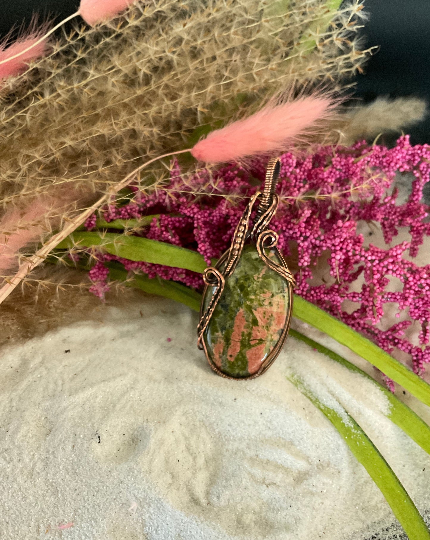 Unakite Necklace wrapped in Oxidized Copper.