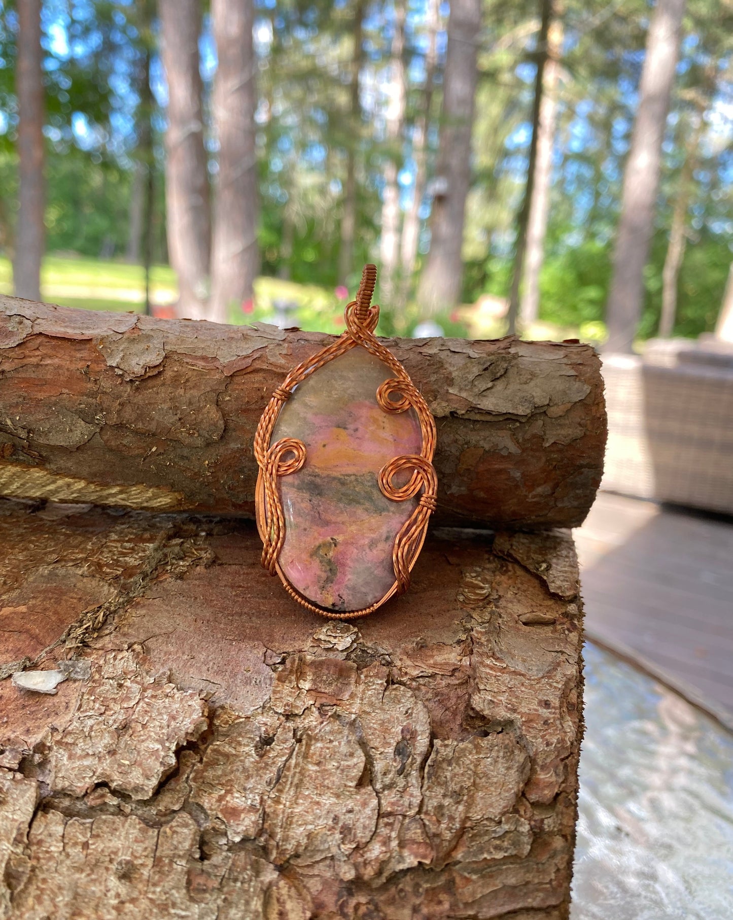 Rhodonite Necklace wrapped in Oxidized Copper