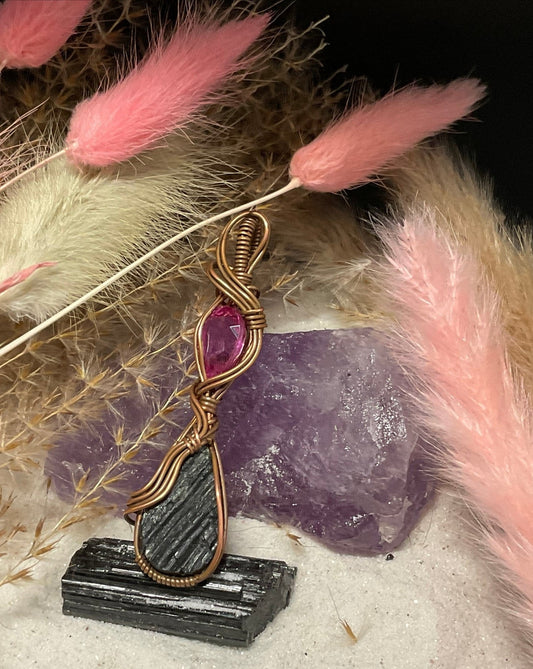 Double pendant with BlackTourmaline and Pink Tourmaline wrapped in antique Copper
