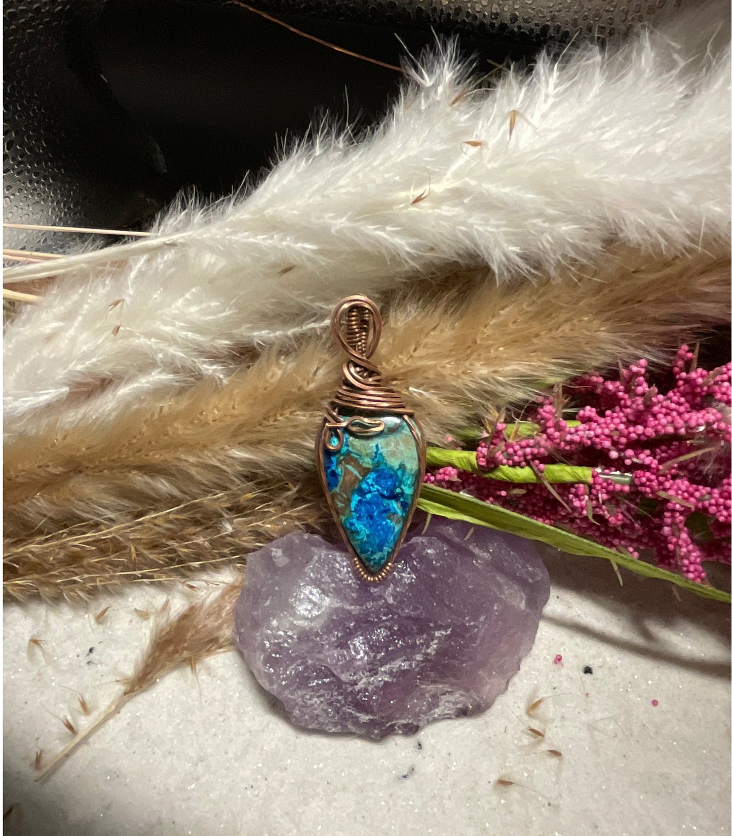 Shattuckite Pendant Wrapped in Oxidized Copper