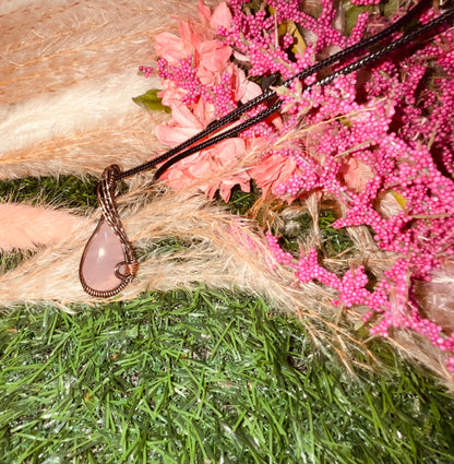 Rose Quartz Necklace wrapped in Oxidized Copper