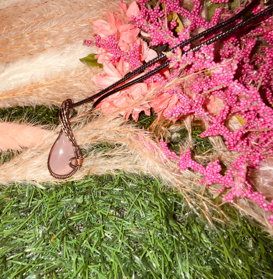 Rose Quartz Necklace wrapped in Oxidized Copper