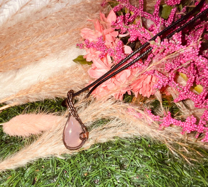 Rose Quartz Necklace wrapped in Oxidized Copper