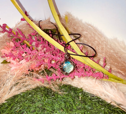 labradorite wrapped in Oxidized copper