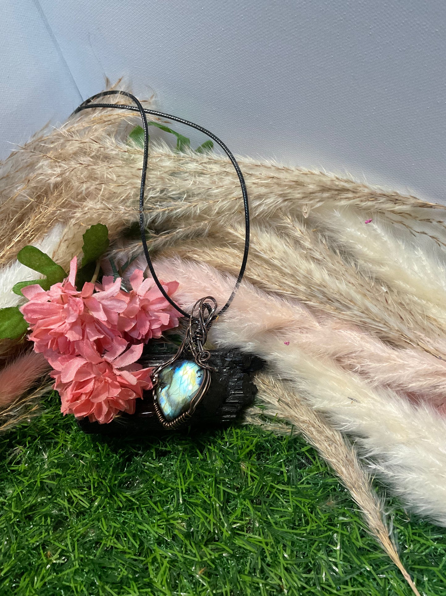 labradorite wrapped in Oxidized copper