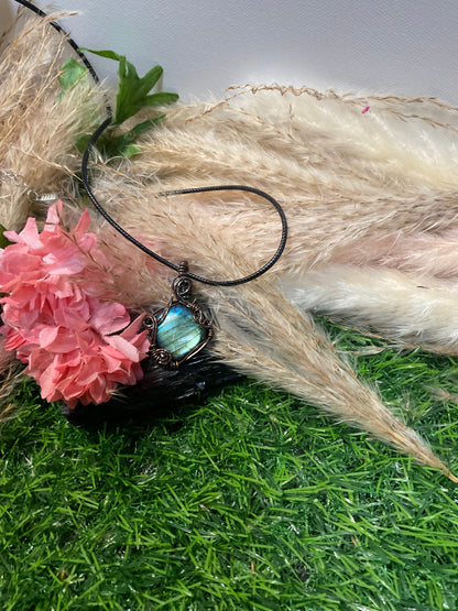 labradorite wrapped in Oxidized copper