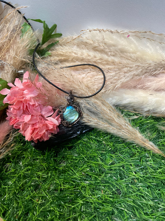 labradorite wrapped in Oxidized copper