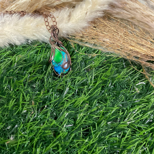 Peacock Dahlia Pendant wrapped in Oxidized Copper