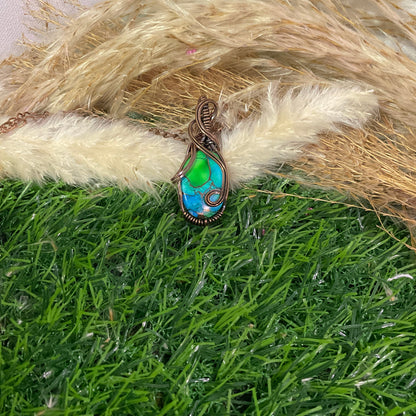 Peacock Dahlia Pendant wrapped in Oxidized Copper