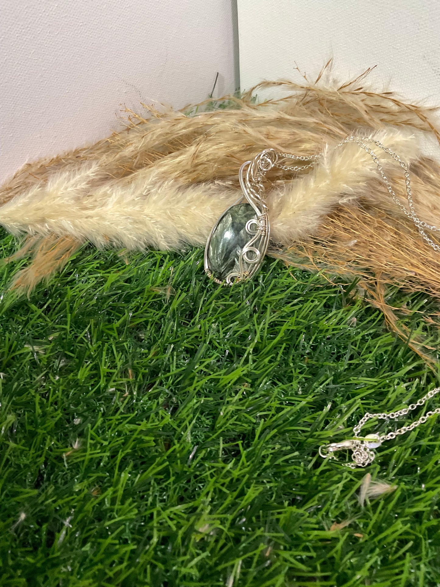 Serpentine pendant wrapped in 9.25 Sterling Silver