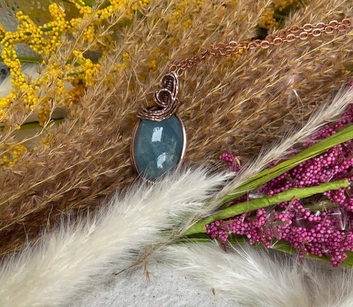 Aquamarine Necklace wrapped in Oxidized Copper. - Daydream Designs