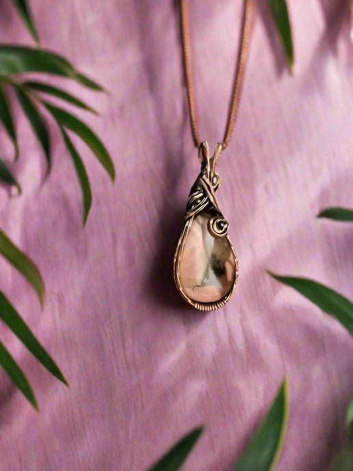 Australian Pink Opal wrapped in Oxidized Copper/ - Daydream Designs