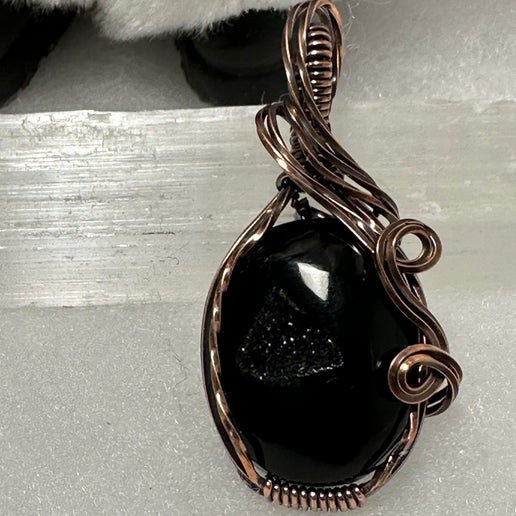 Black Agate Druzy Wrapped in Oxidized Copper - Daydream Designs