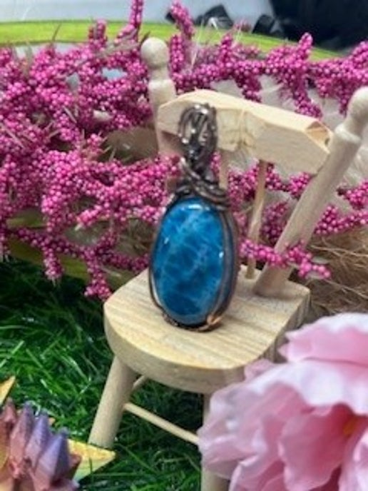 Blue Apatite wrapped in Antique Copper - Daydream Designs