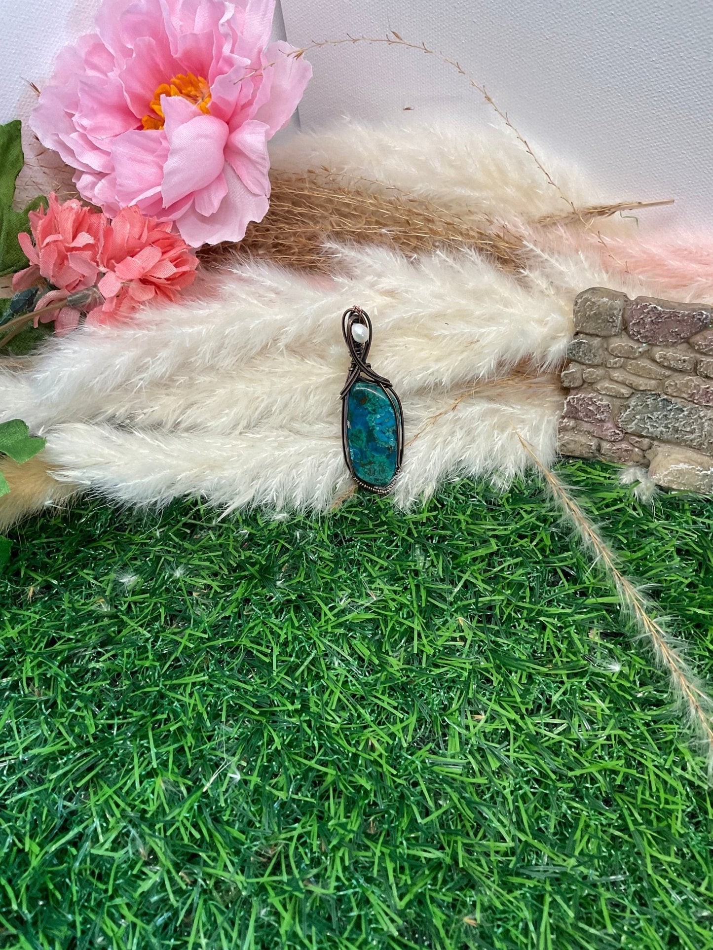 Chrysocolla Necklace Wrapped Oxidized Copper - Daydream Designs