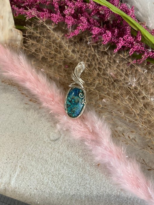 Chrysocolla Pendant wrapped in Sterling Silver. - Daydream Designs