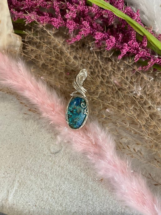 Chrysocolla Pendant wrapped in Sterling Silver. - Daydream Designs