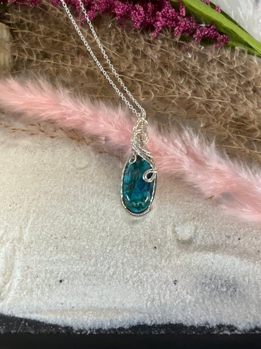 Chrysocolla Pendant wrapped in Sterling Silver. - Daydream Designs