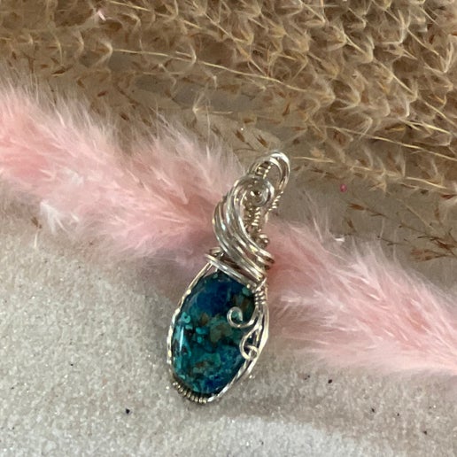 Chrysocolla Pendant wrapped in Sterling Silver. - Daydream Designs