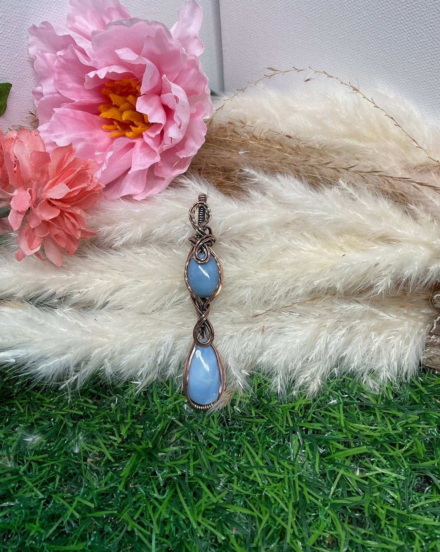 Double Blue Opal Necklace wrapped in Copper - Daydream Designs