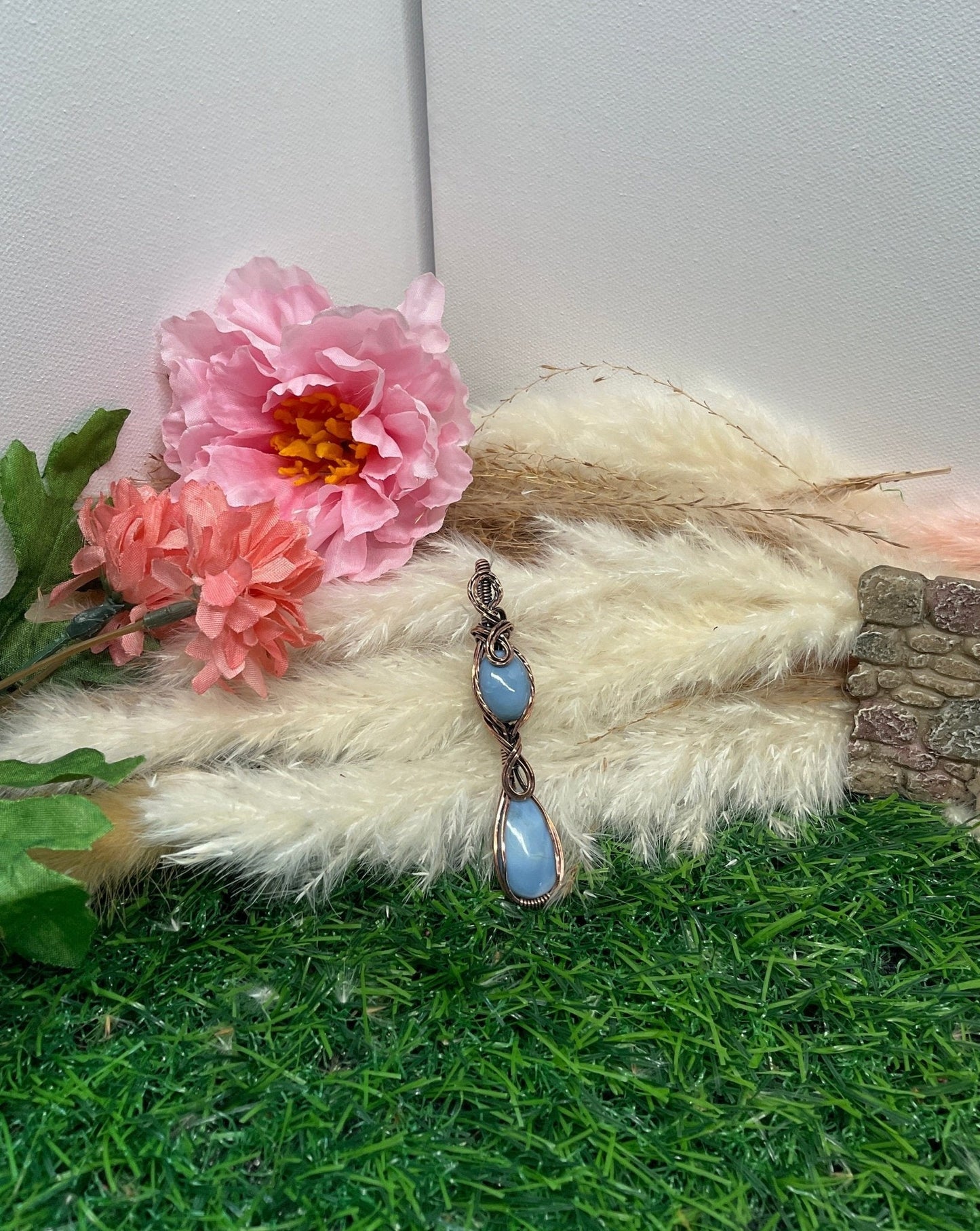 Double Blue Opal Necklace wrapped in Copper - Daydream Designs