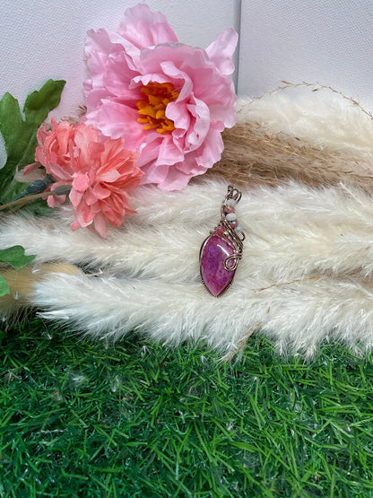 Dyed Pink Moonstone wrapped in Oxidized Copper - Daydream Designs