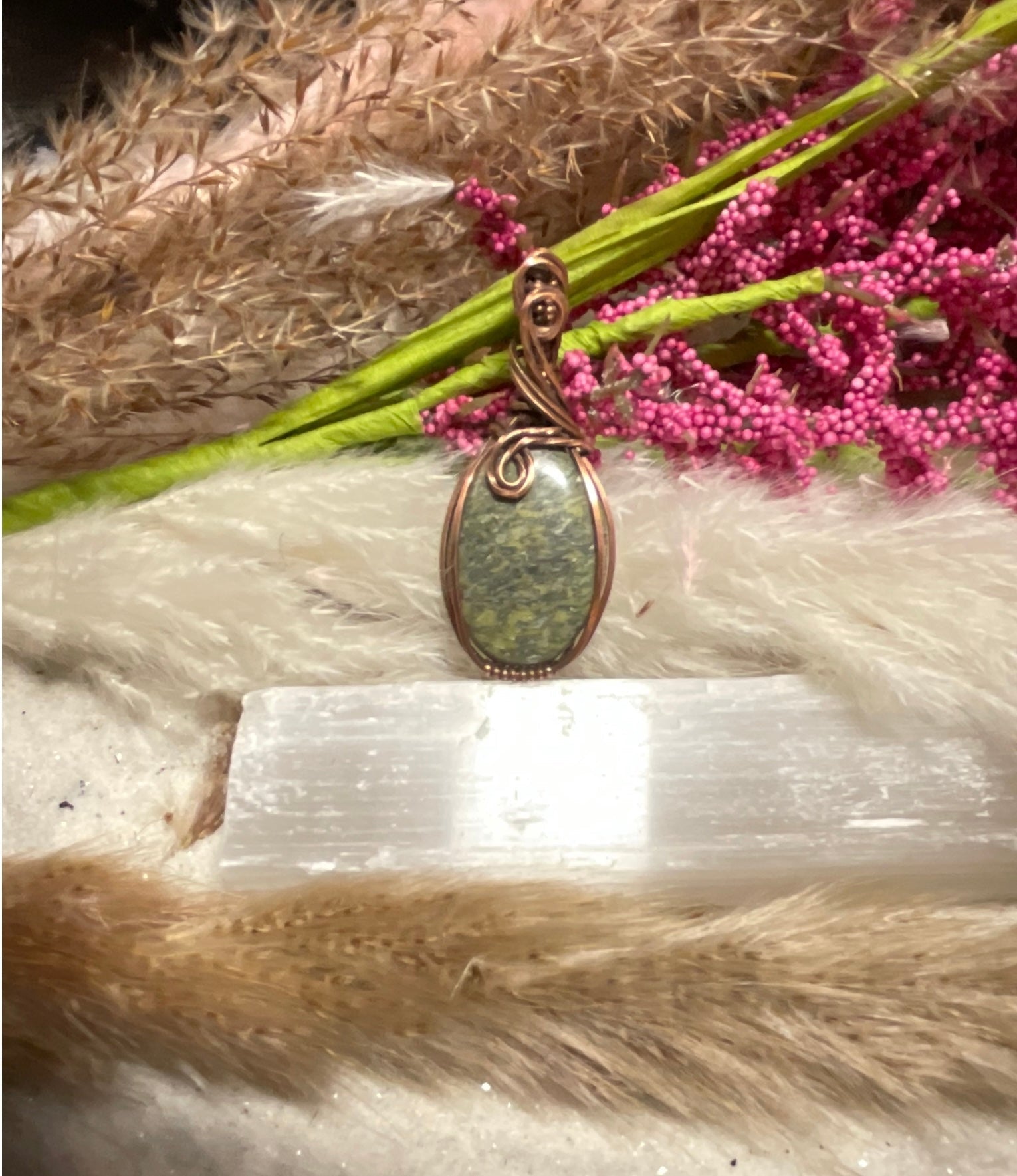 Green Jasper Gemstone wrapped in oxidized copper/ - Daydream Designs