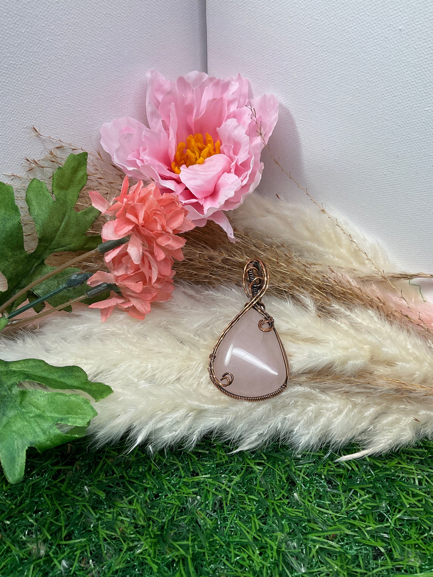 Rose Quartz Necklace Wrapped in Oxidized Copper.