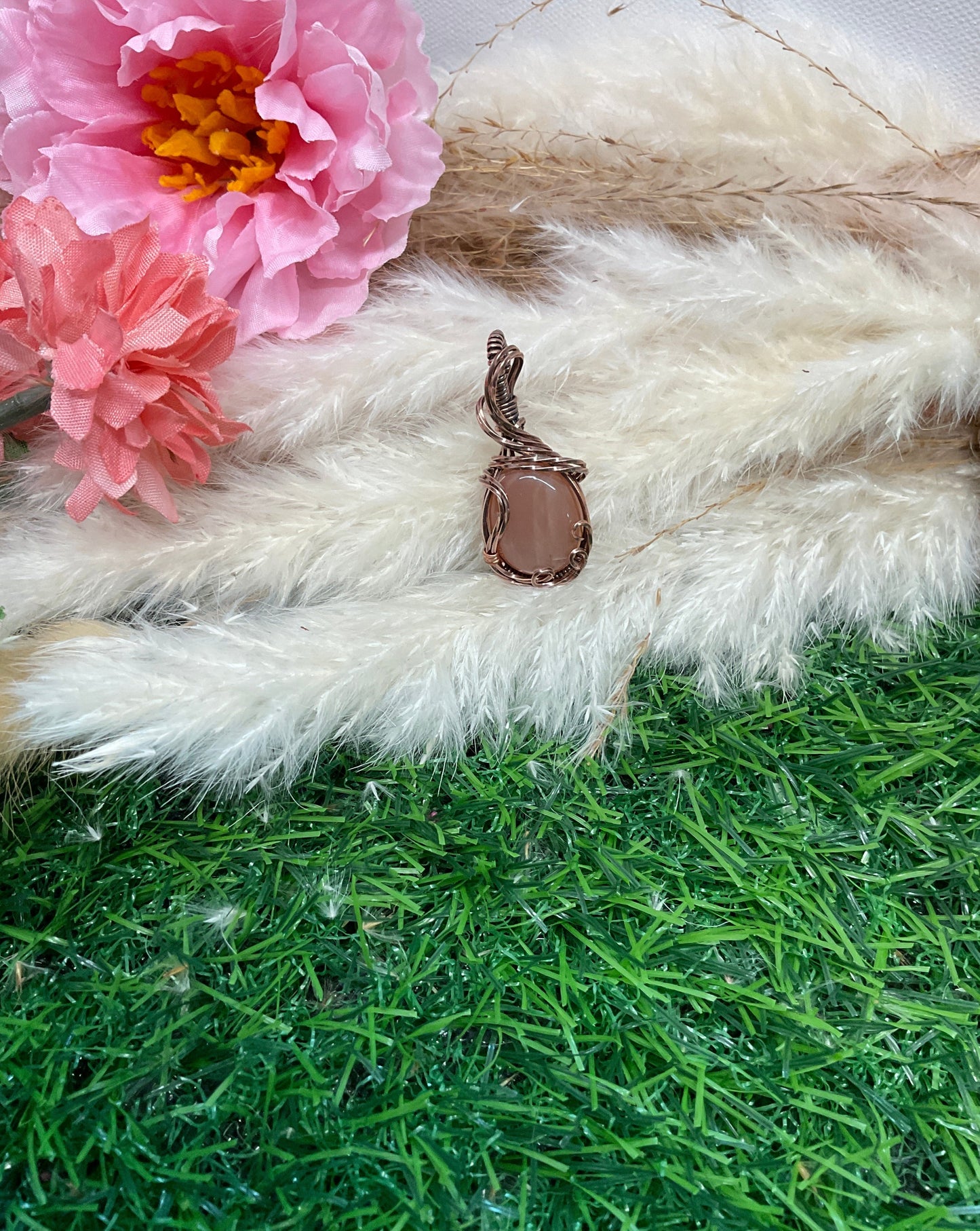 Peach Moonstone Necklace wrapped in Oxidized Copper