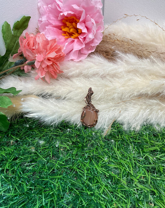 Peach Moonstone Necklace wrapped in Oxidized Copper