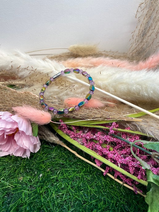 Magnetic Hematite Rainbow Twist Bracelet with Purple Glass Beads