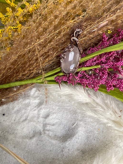 Rose Quartz wrapped with Antique Copper, Heart chakra.