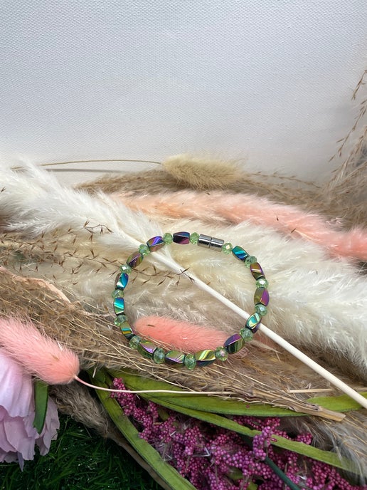 Magnetic Rainbow Hematite Bracelet and Green Glass Beads