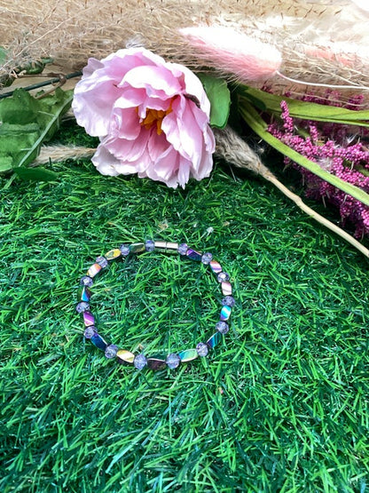 Magnetic Hematite Rainbow Twist Bracelet with Purple Glass Beads