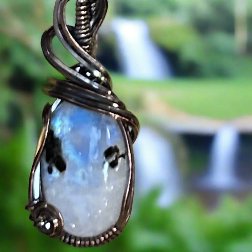 Moonstone with Tourmaline Necklace wrapped in Oxidized Copper/