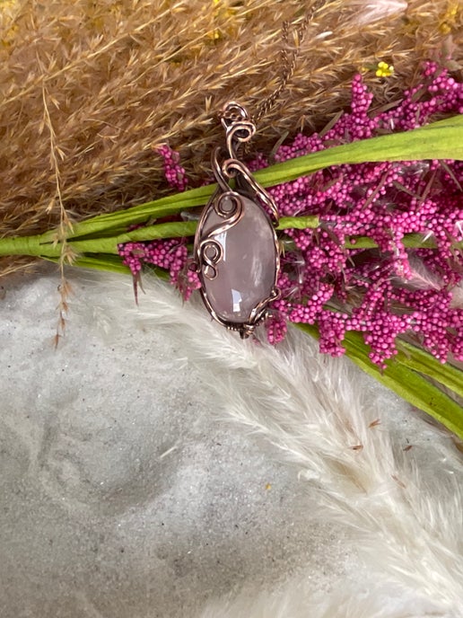 Rose Quartz wrapped with Antique Copper, Heart chakra.