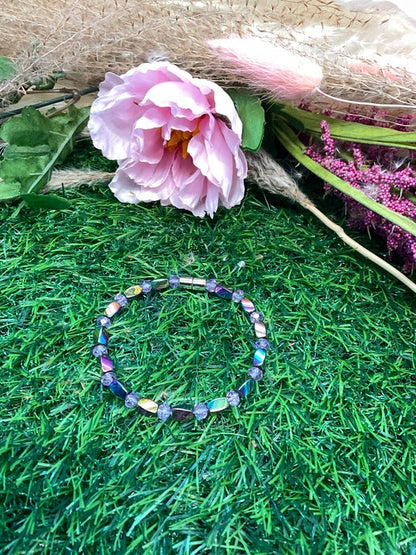 Magnetic Hematite Rainbow Twist Bracelet with Purple Glass Beads