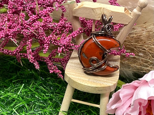 Red Jasper Moon Necklace wrapped in Oxidized Copper.