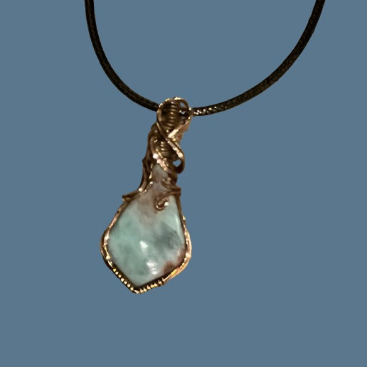 Larimar wrapped in oxidized Copper/