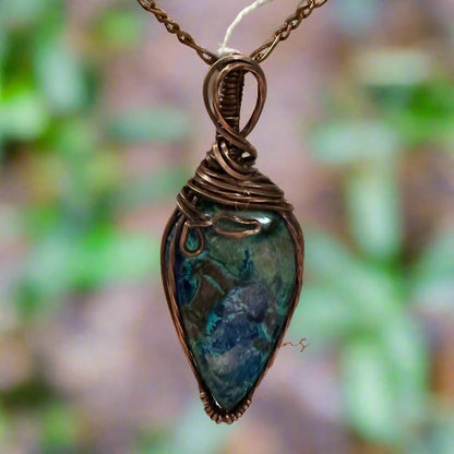 Shattuckite Pendant Wrapped in Oxidized Copper