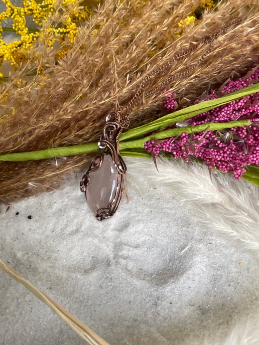 Rose Quartz wrapped with Antique Copper, Heart chakra.